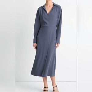 Vince Women's Peak Collar Midi Dress Sz Xs in Dk WATER
